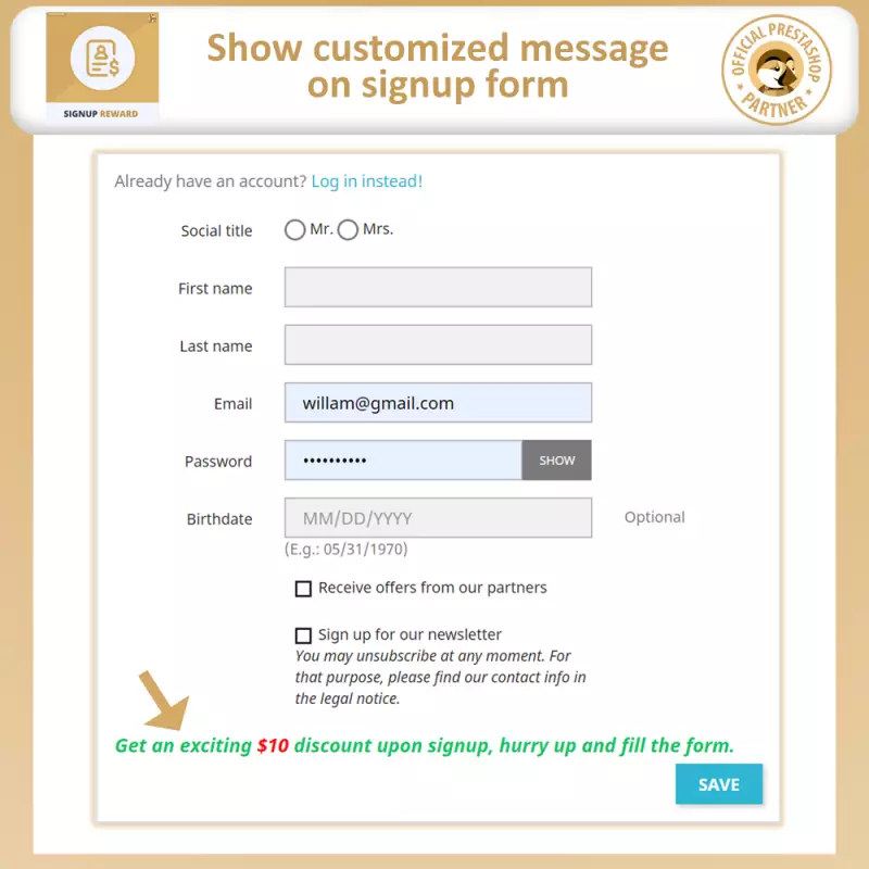 Signup Reward - Offer Discounts Upon Registration