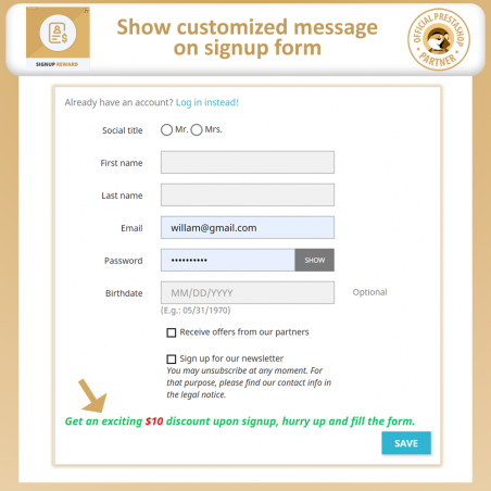 Signup reward prestashop