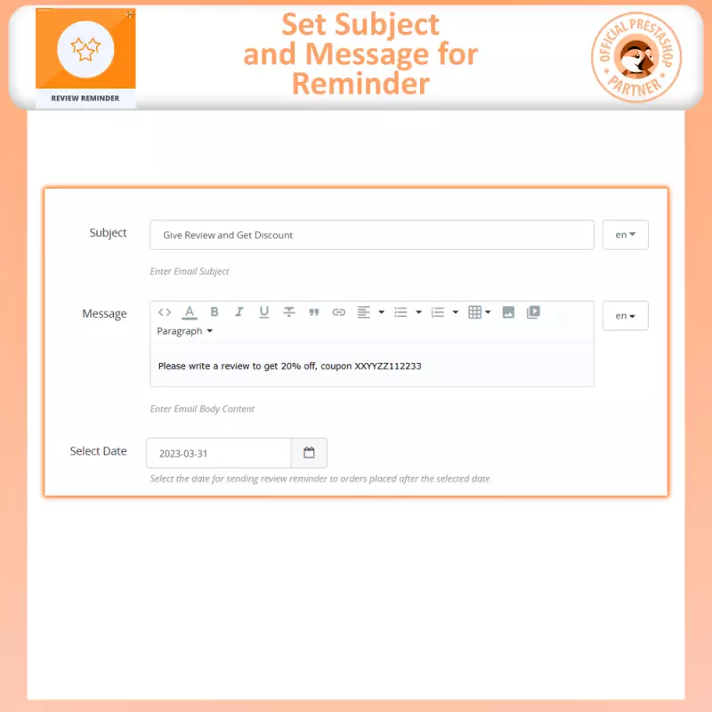 Recordatorio Gratuito de Reseñas de Prestashop Módulo