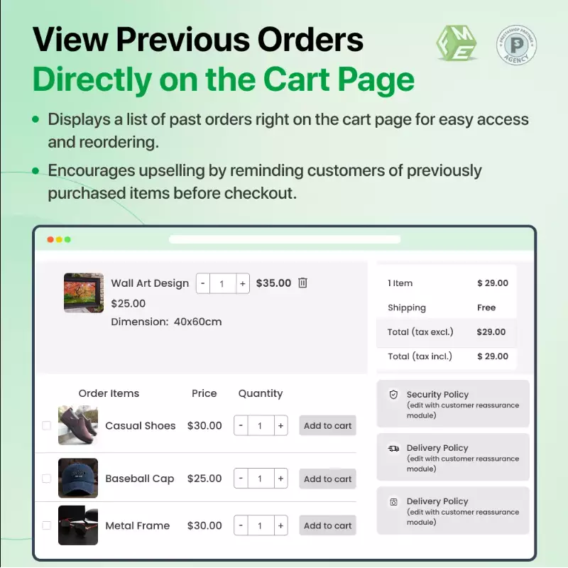 Previous Orders on Cart Page