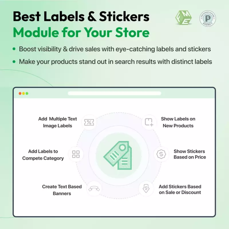 Suite PrestaShop Visibility & Mobility – Ensemble « Étiquettes de produits » + application mobile